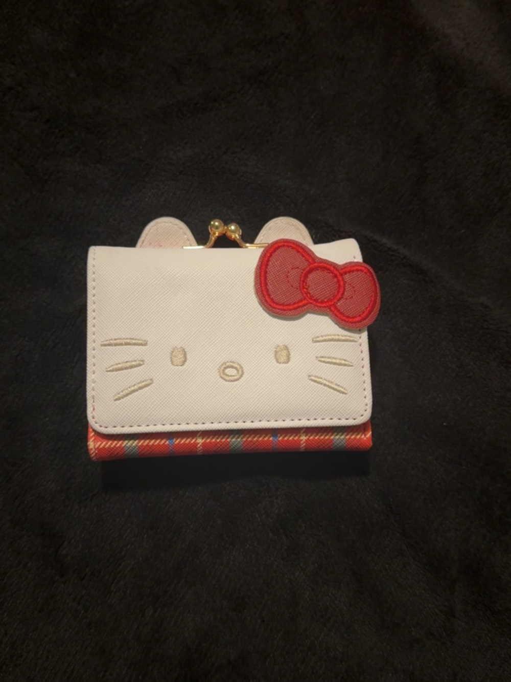 Hello Kitty White Wallet with Red Bow and Plaid Trim